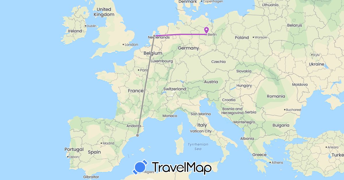 TravelMap itinerary: driving, plane, train in Germany, Spain, Netherlands (Europe)
